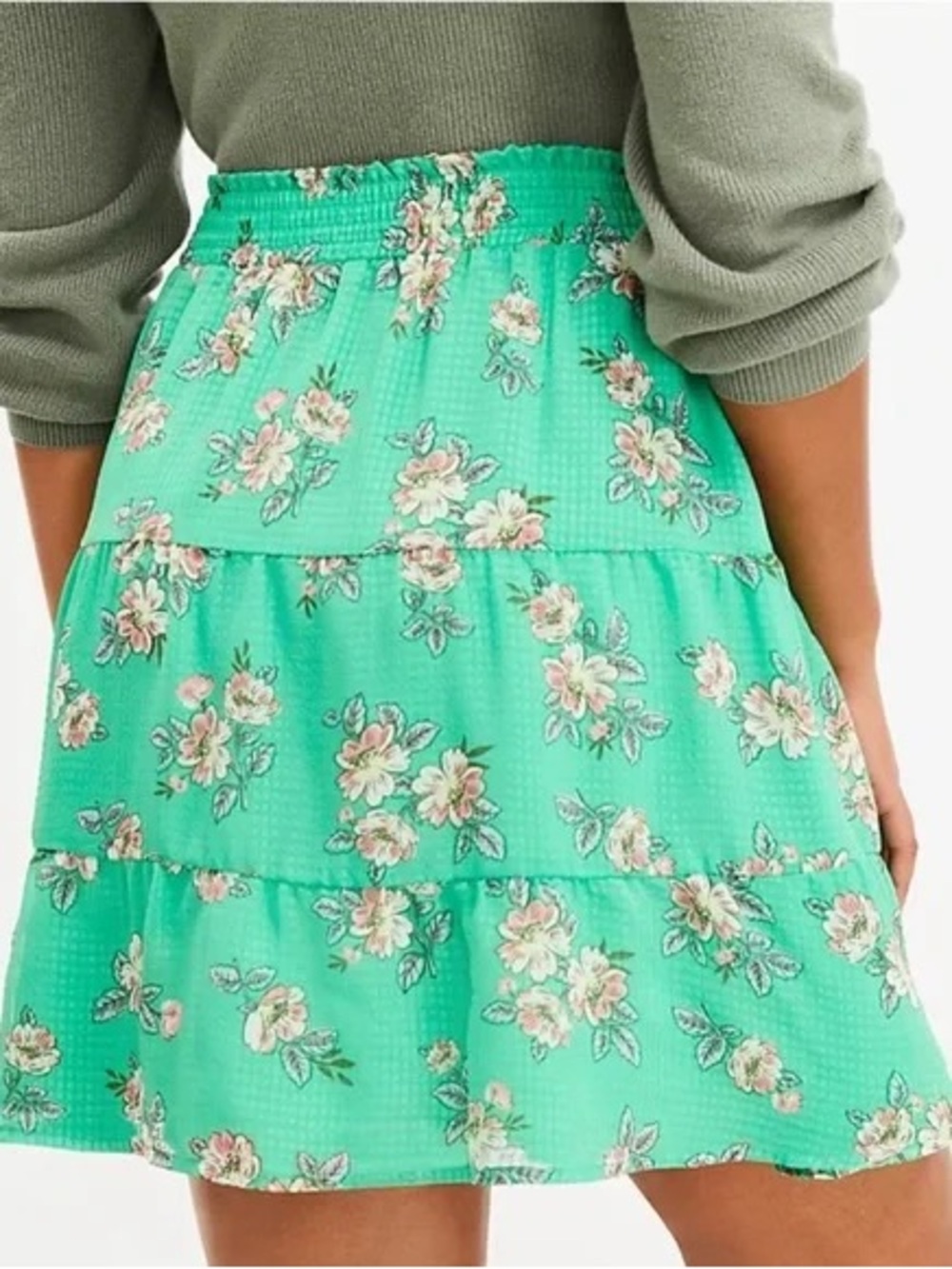 LOFT Green Floral Tiered Skirt Small Elastic Waist Cottagecore
